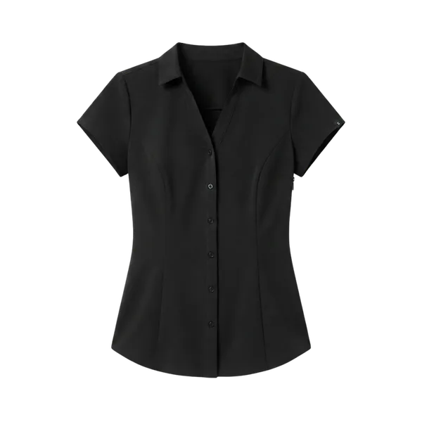 Black short-sleeve fitted work blouse — iNeedWorkwear stock