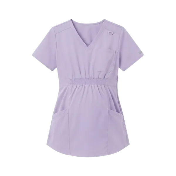 Lilac maternity scrub top with gathered bump panel — iNeedWorkwear stock