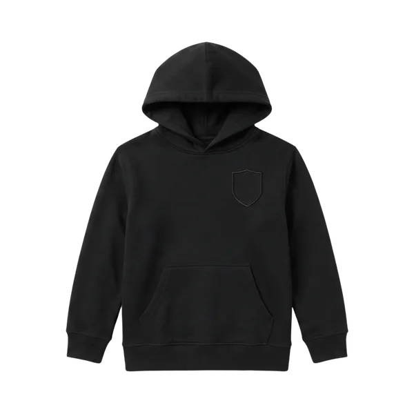 Black schoolwear hoodie with tonal embroidered crest — iNeedWorkwear stock