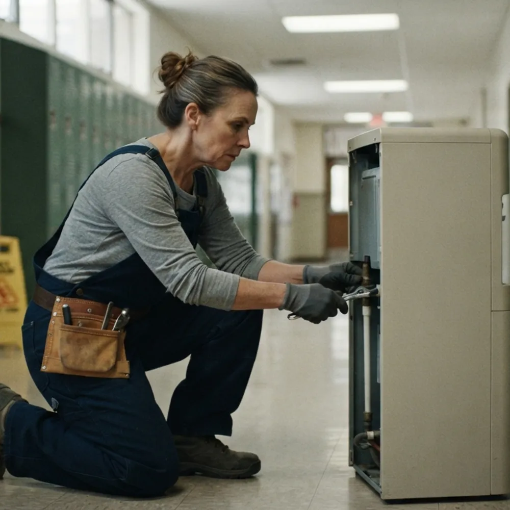 Maintenance worker in navy bib-and-brace overalls repairing a unit