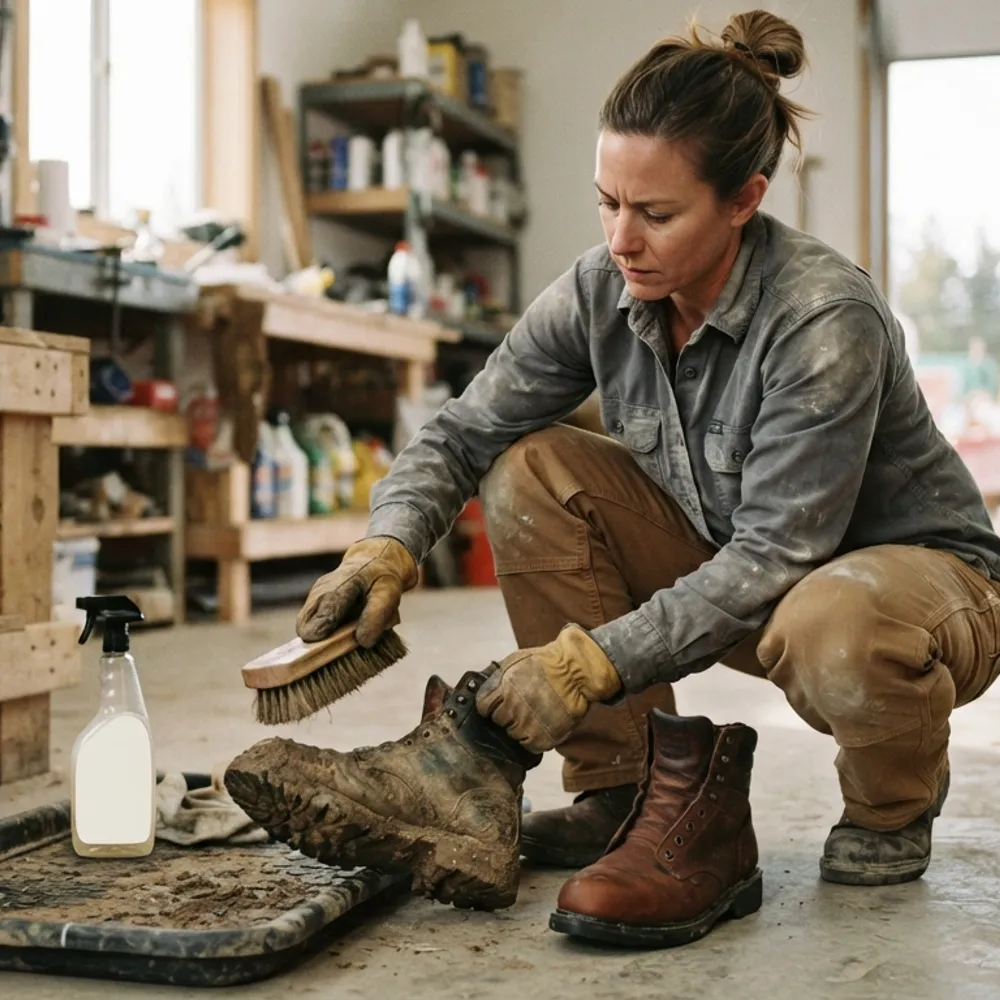 Worker brushing dried mud off a safety boot in a workshop