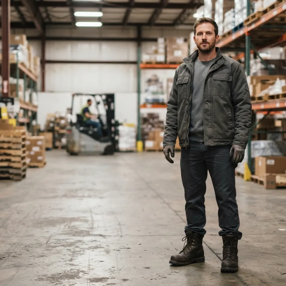 Warehouse worker in safety boots standing on a bare concrete floor
