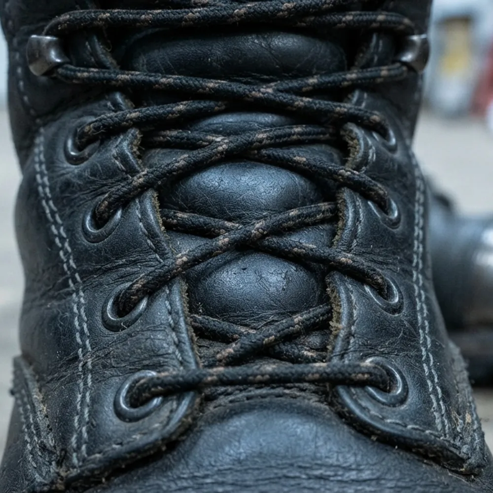 Close-up of a worn leather safety boot with heavy-duty laces