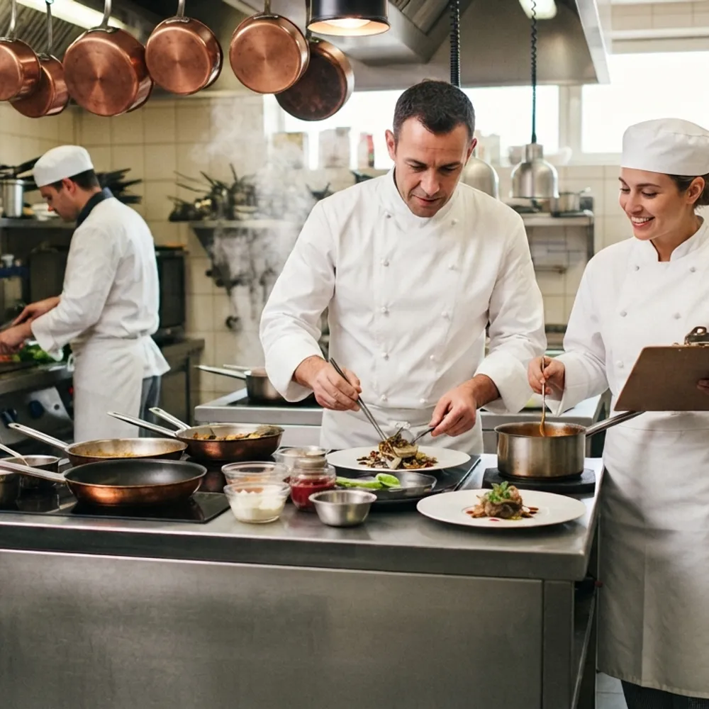 Chefs in whites plating dishes on a stainless pass in a commercial kitchen