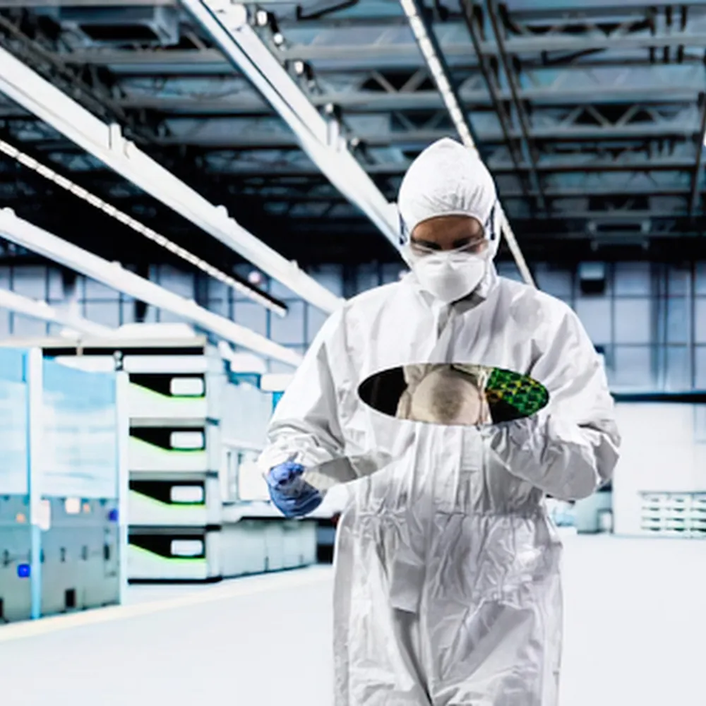 Cleanroom technician in a full-body coverall, mask and safety glasses at work