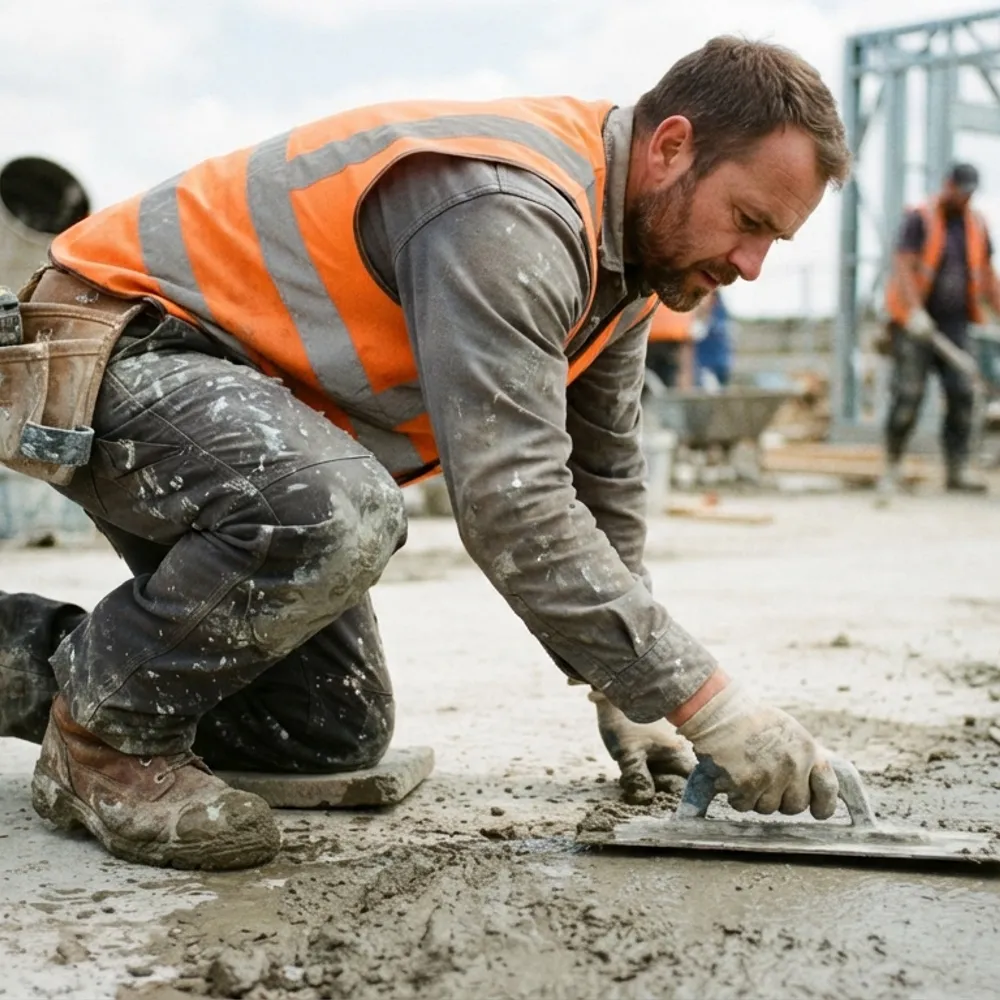 Concrete finisher in splattered work trousers floating a fresh slab