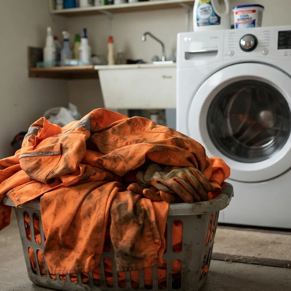 Soiled orange FR coveralls in a laundry basket in front of a washing machine