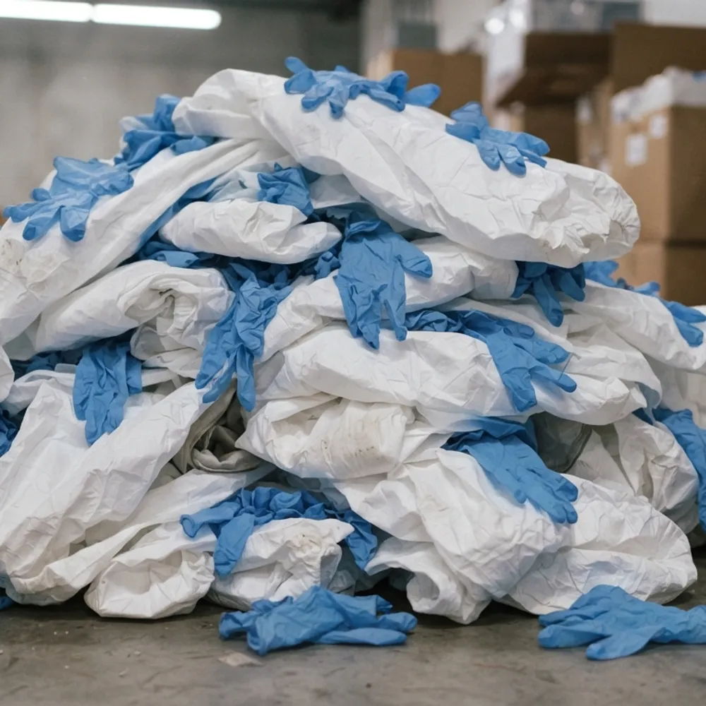 Pile of used disposable coveralls and blue nitrile gloves