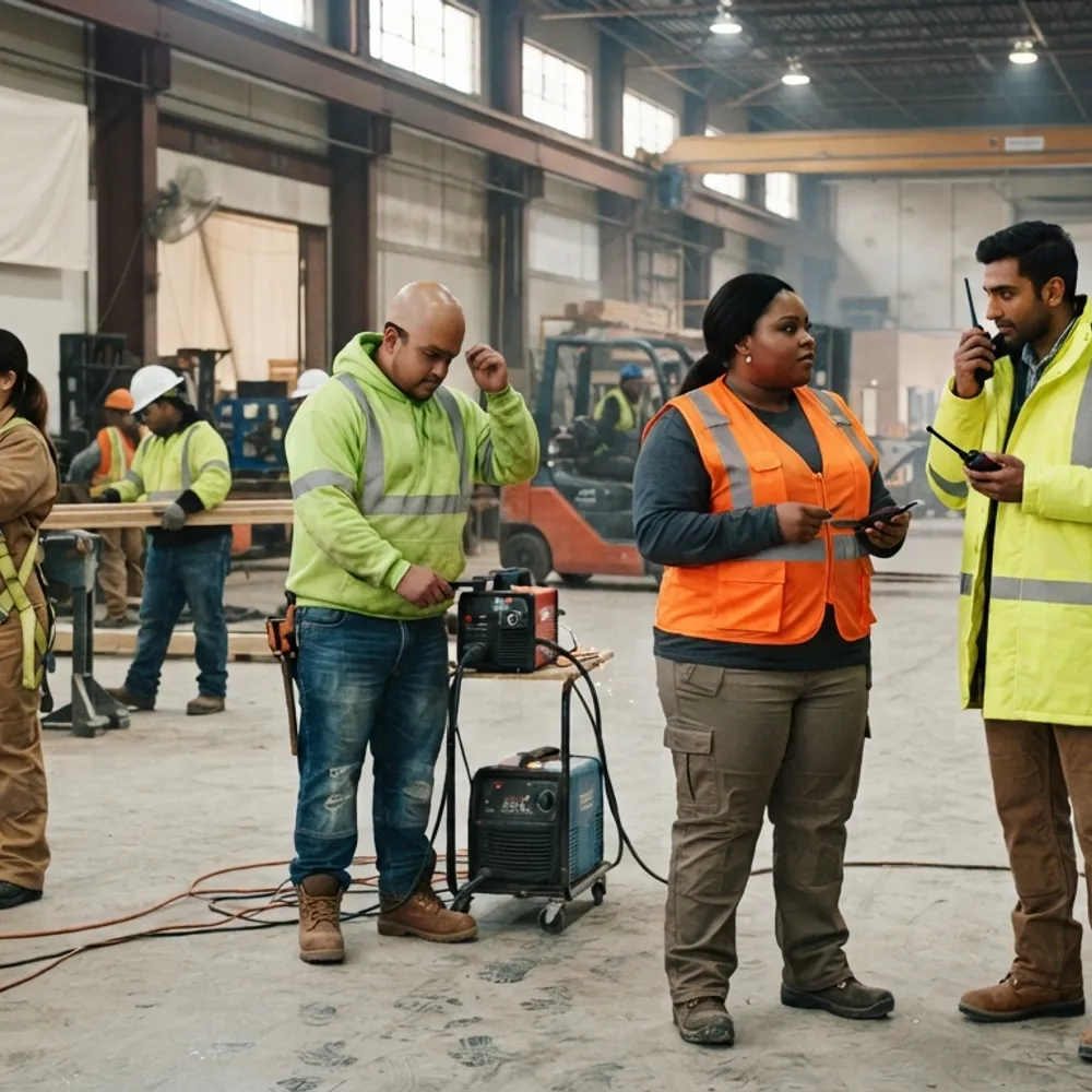 Workers of different shapes and sizes in hi-vis kit in a workshop