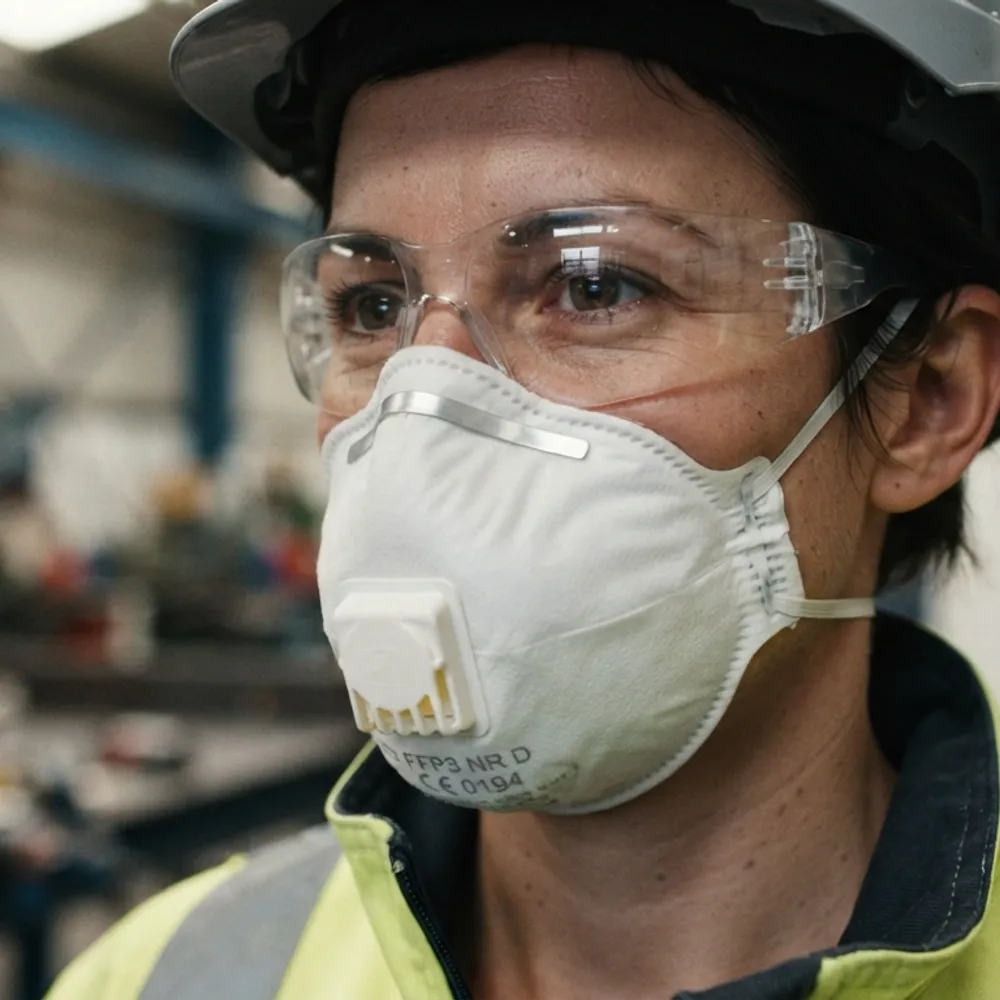 Close-up of a worker wearing a valved FFP3 dust mask and safety glasses