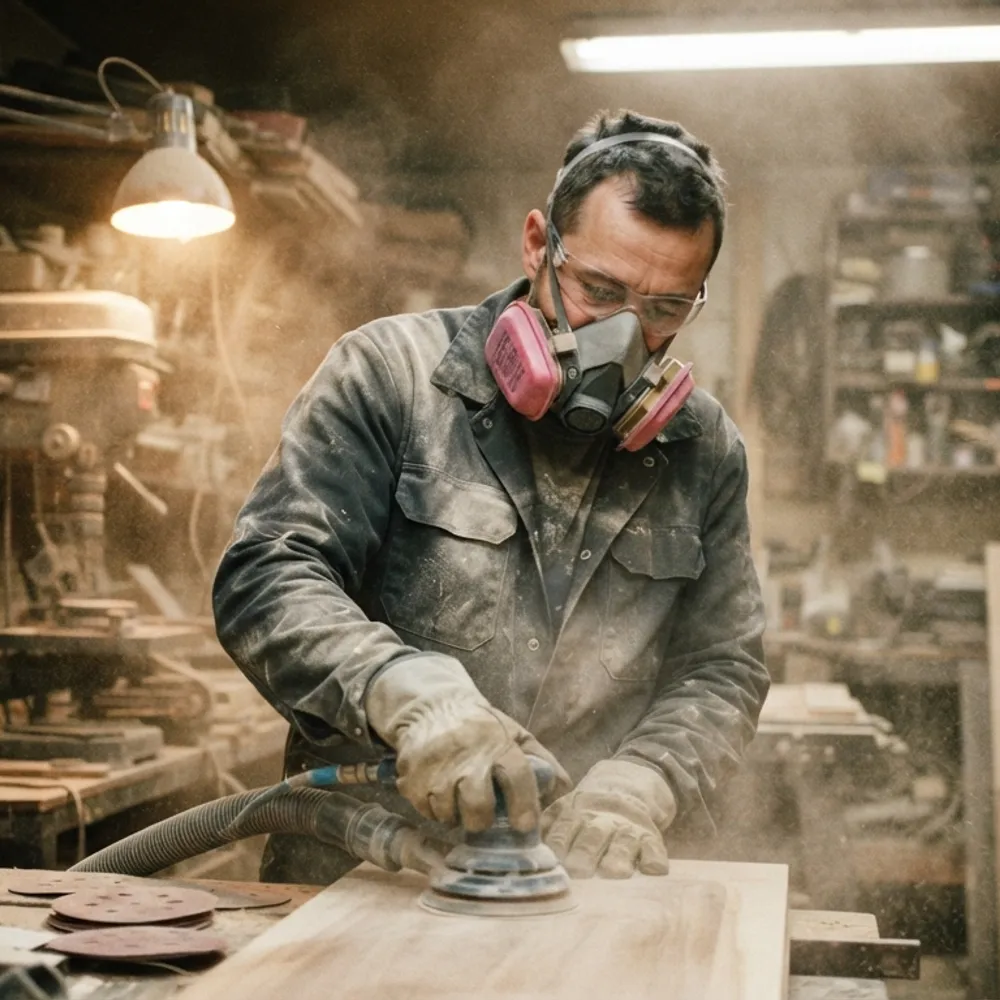Woodworker in a half-mask respirator sanding in a dusty workshop