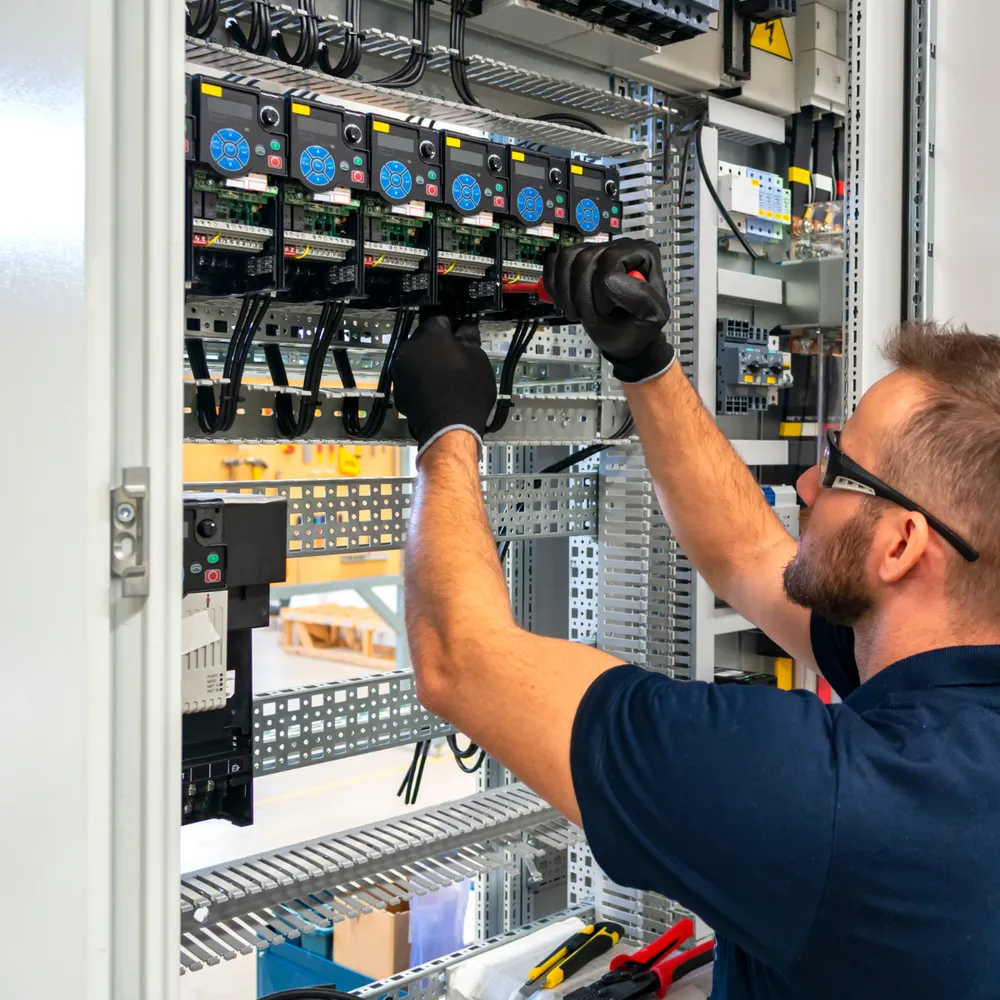 Electrician in gloves and safety glasses working in a control panel
