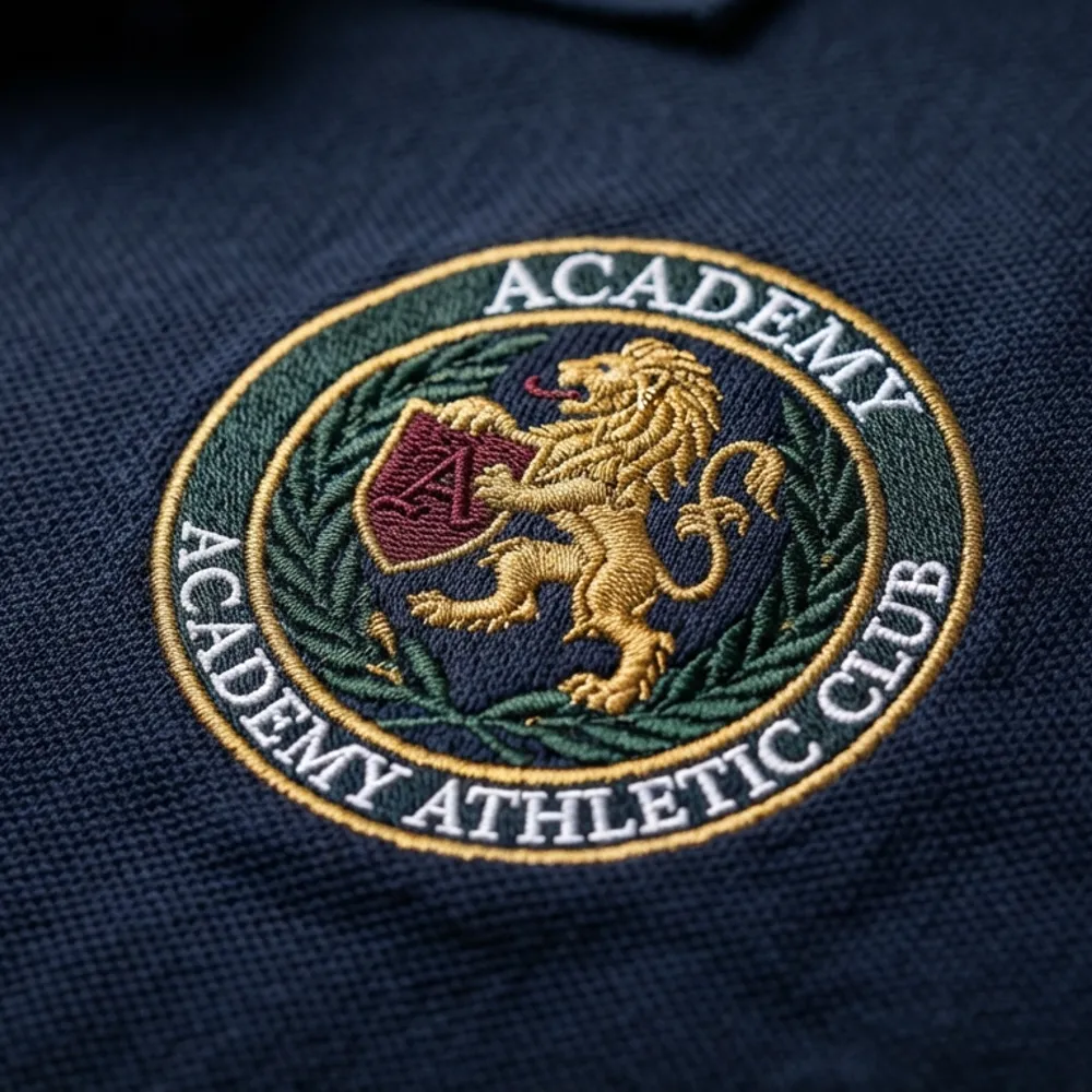 Close-up of an embroidered crest on a navy polo shirt