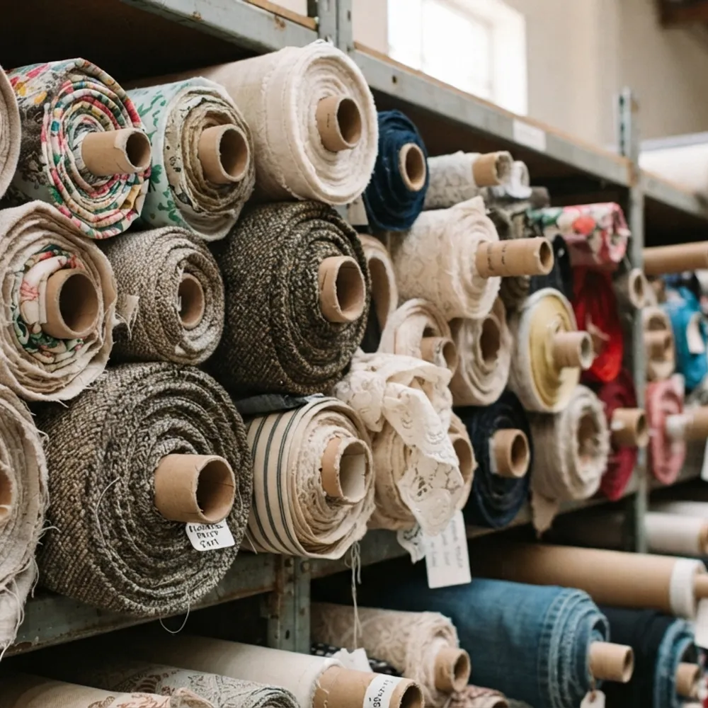 Rolls of workwear fabric racked in a textile warehouse