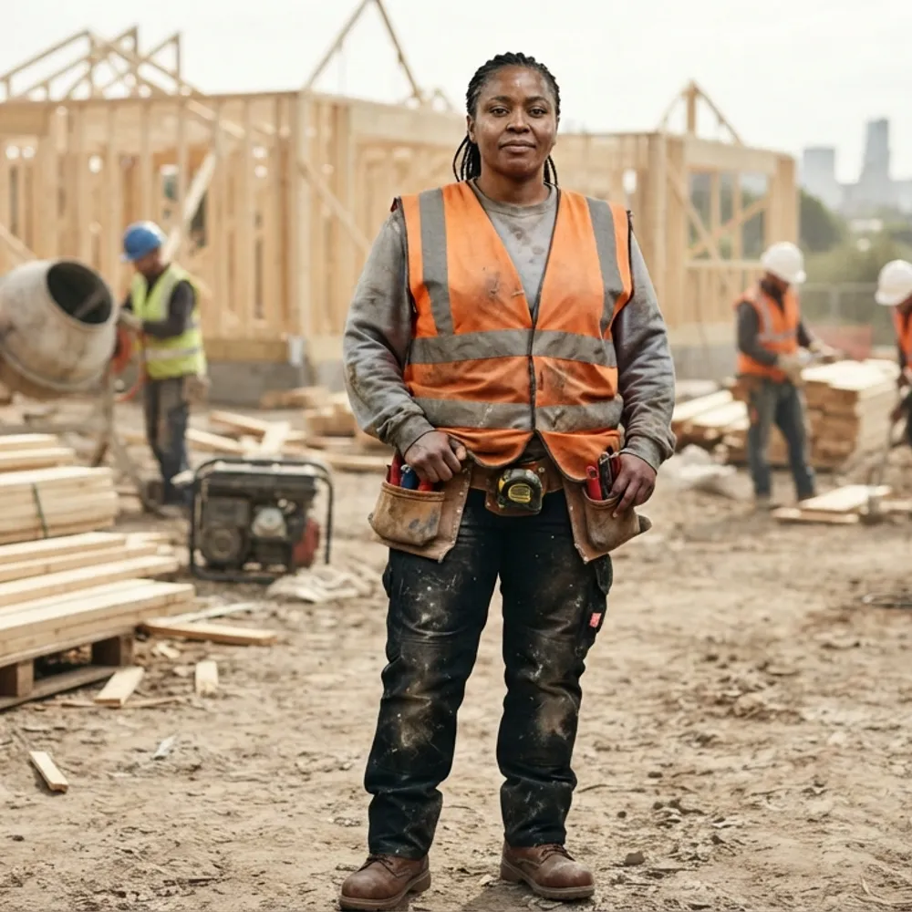 Site worker in a faded, well-worn orange hi-vis vest and dirty work trousers