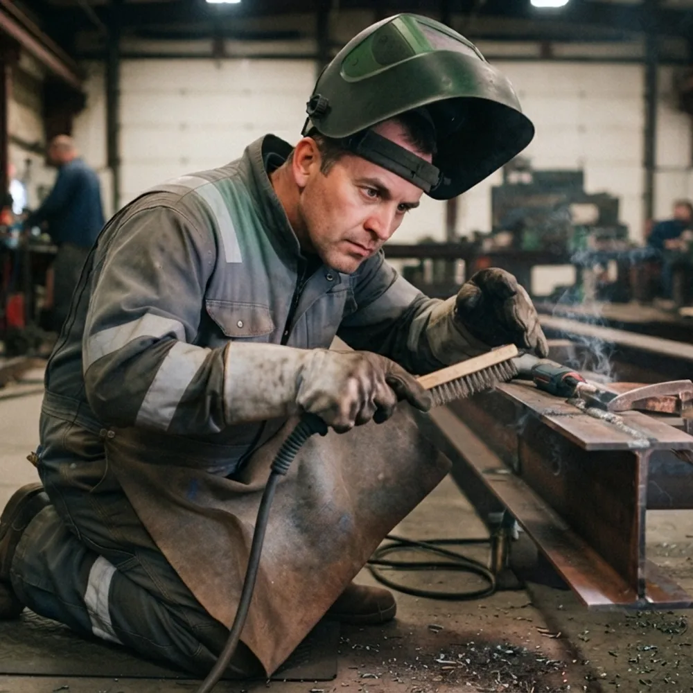 Welder in flame-resistant clothing wire-brushing a fresh weld