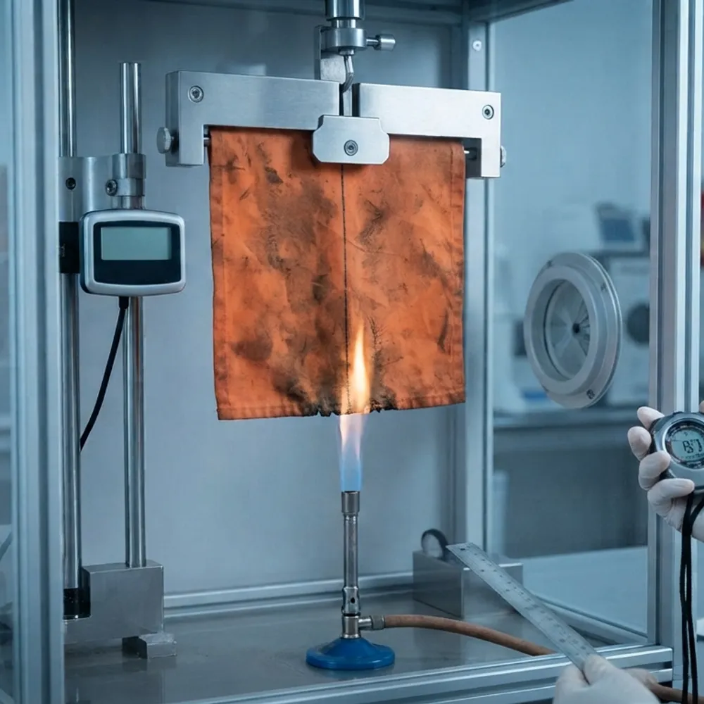 Fabric sample self-extinguishing over a burner in a flame-test rig
