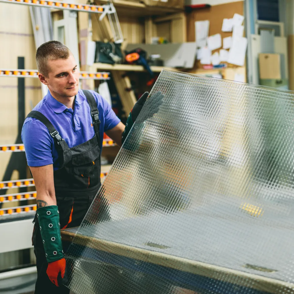 Glazier in a bib apron and protective gauntlets handling a sheet of wired glass