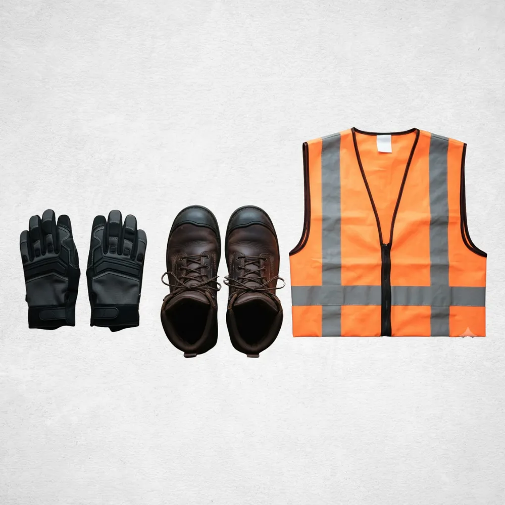 Work gloves, safety boots and an orange hi-vis vest laid out flat