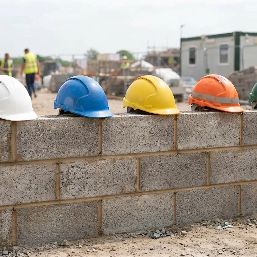White, blue, yellow, orange and green hard hats lined up on a blockwork wall