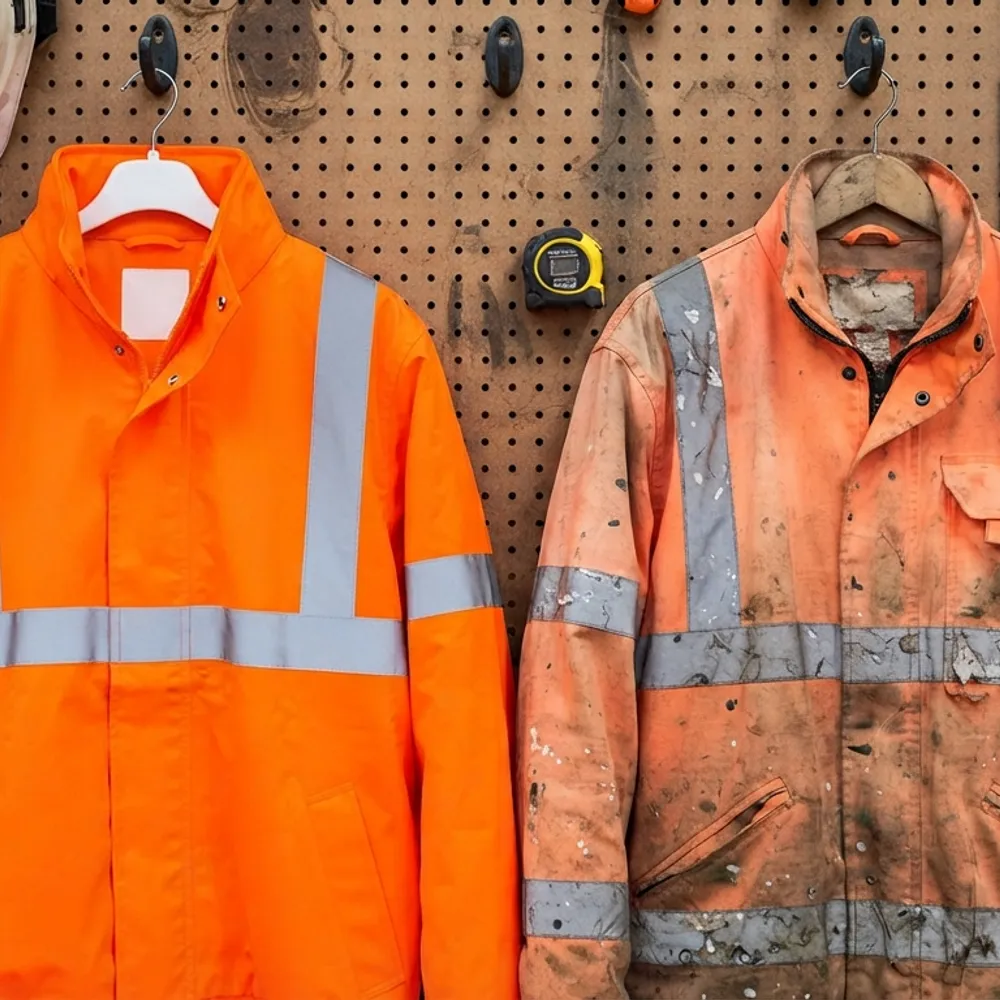 New orange hi-vis jacket hanging beside a faded, soiled one for comparison