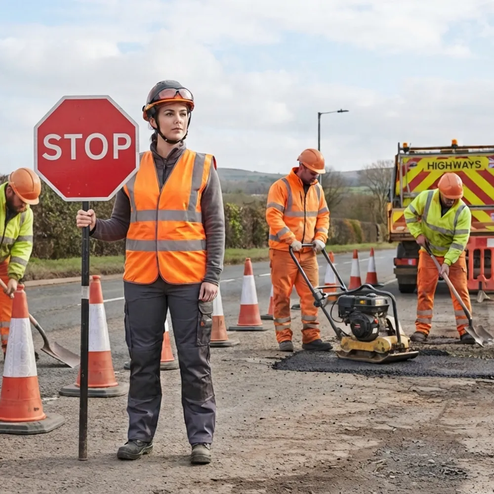 Road crew in mixed yellow and orange hi-vis with a stop sign at roadworks