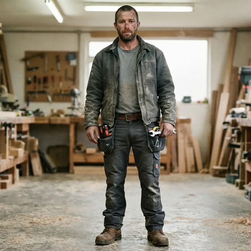 Joiner in work trousers with loaded holster pockets in a workshop