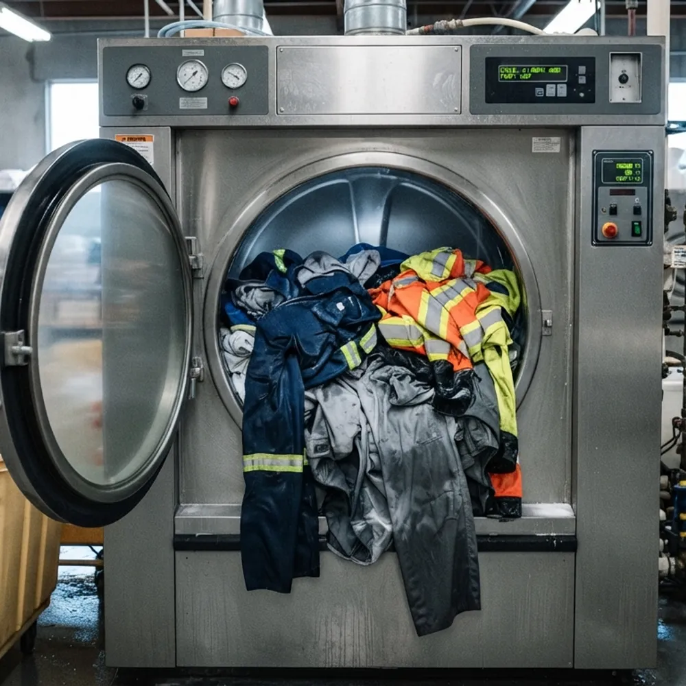 Hi-vis and FR workwear loaded in an industrial washing machine