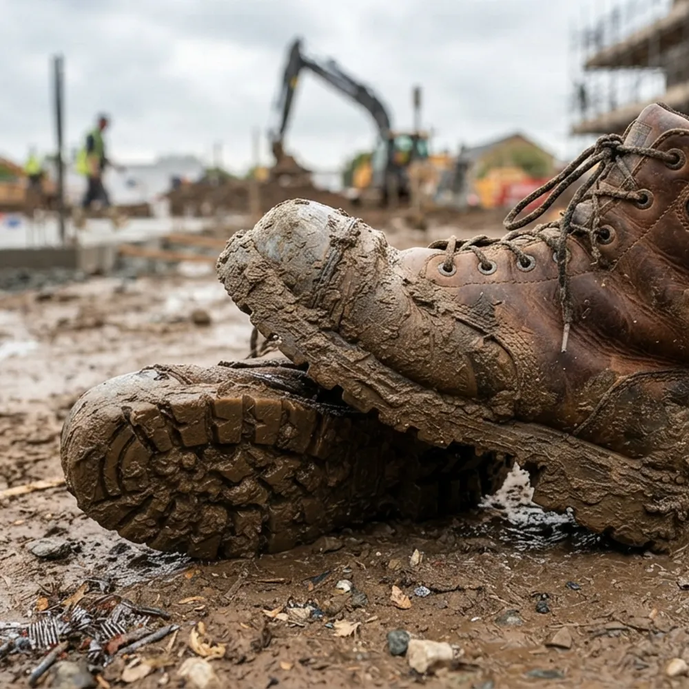 Mud-caked safety boots on a wet construction site