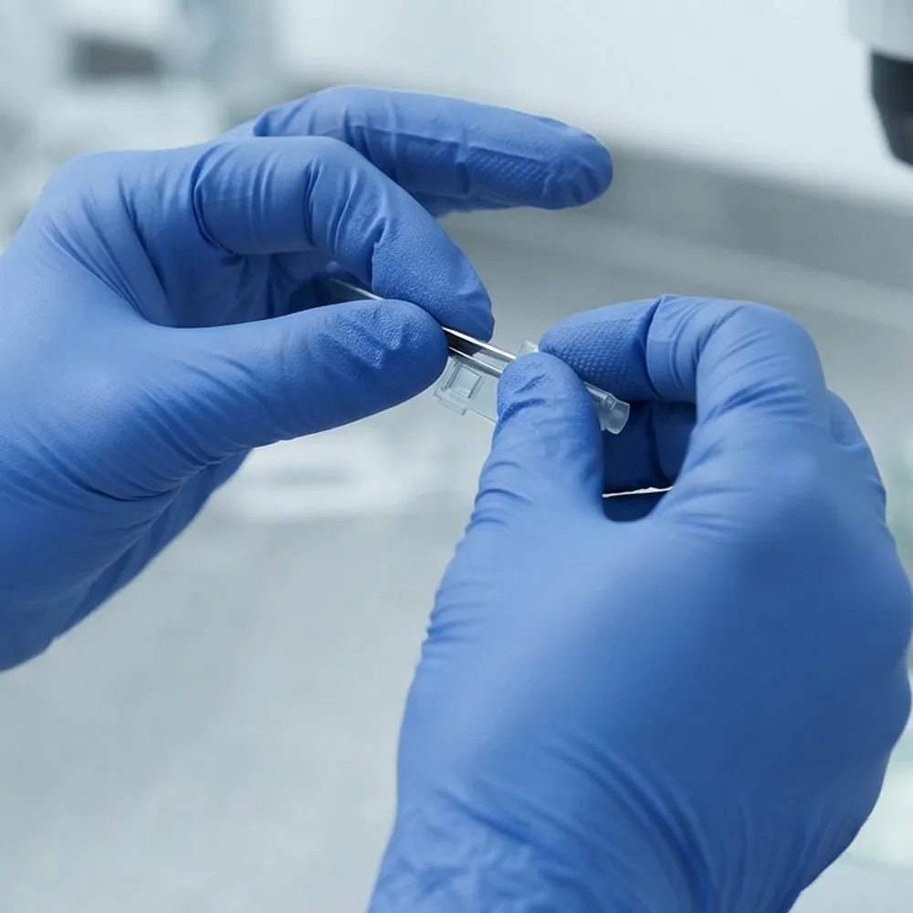 Blue nitrile gloves handling a small component