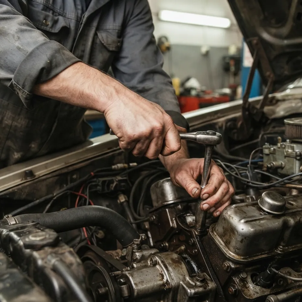 Mechanic in oil-stained overalls working on an engine bay