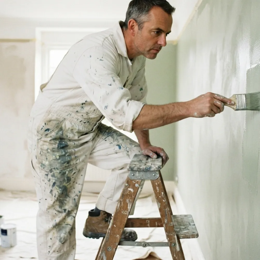 Decorator in paint-splattered whites cutting in on a wall