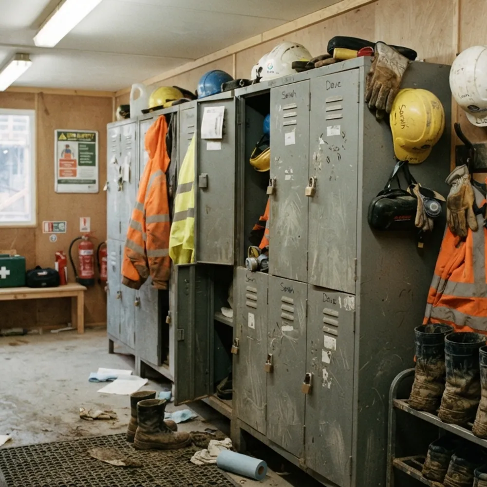 Site cabin lockers with helmets, gloves, hi-vis and boots stored on top