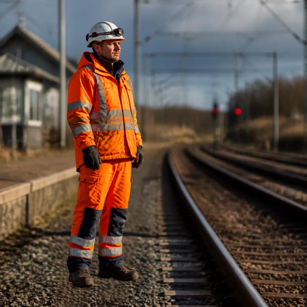 Trackside worker in full orange hi-vis with helmet-mounted lamp standing beside the running line