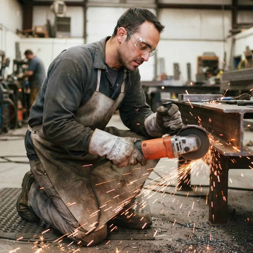 Worker in safety glasses grinding steel with sparks flying