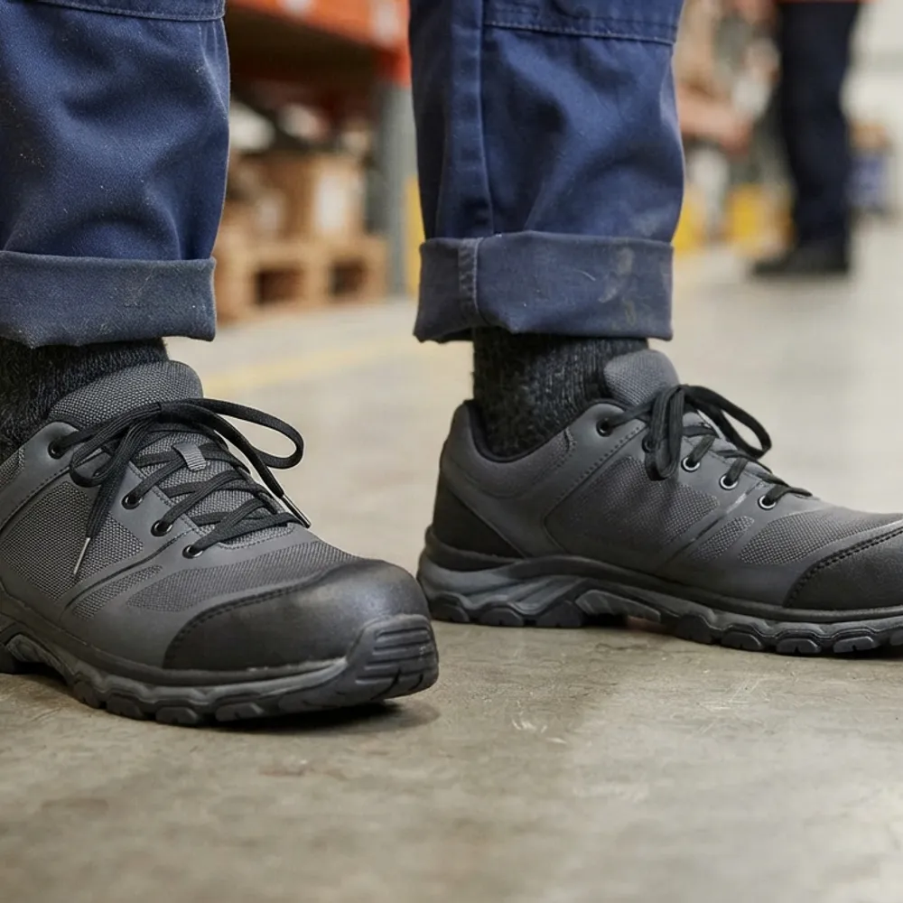 Safety trainers worn on a warehouse floor