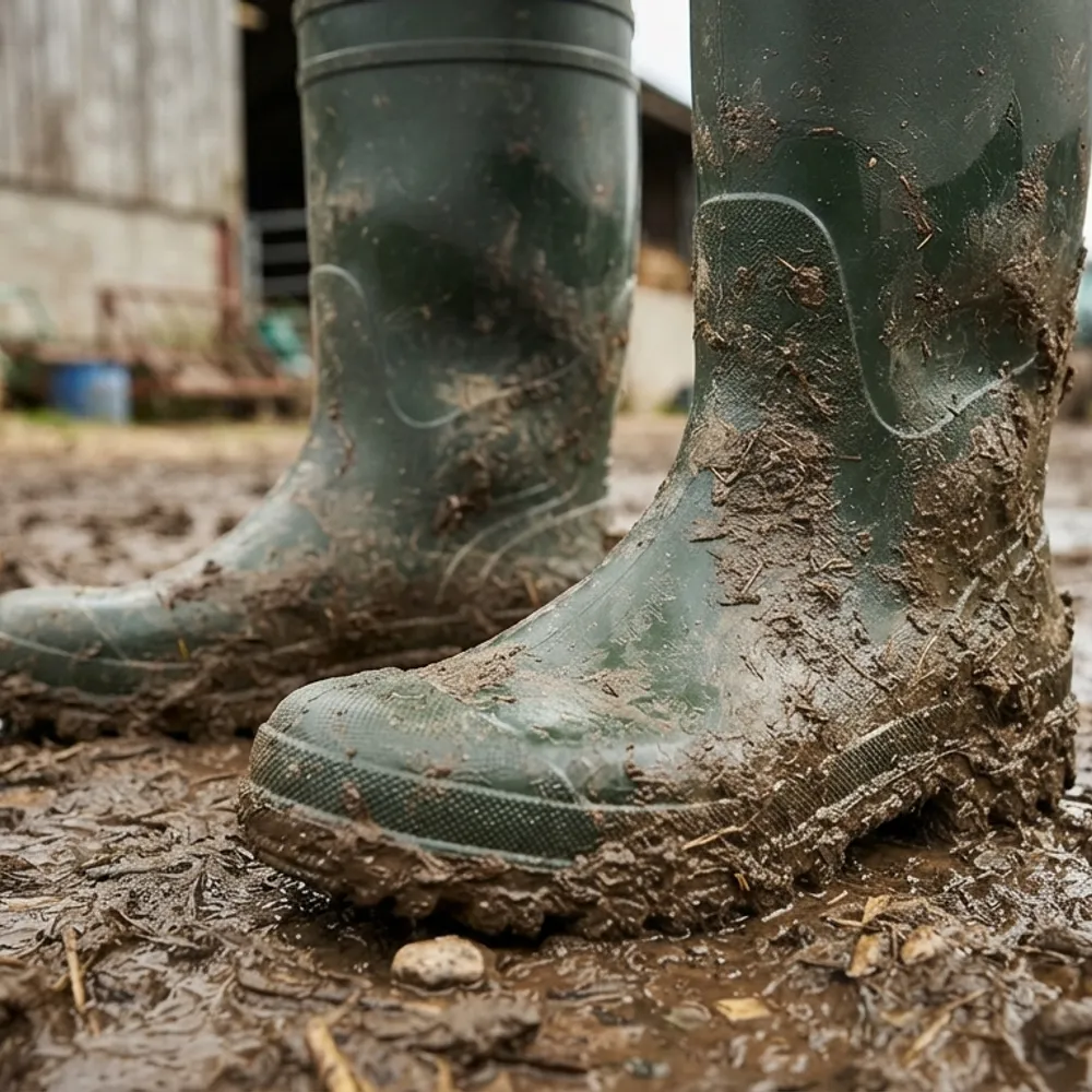 Muddy green safety wellingtons in a farmyard