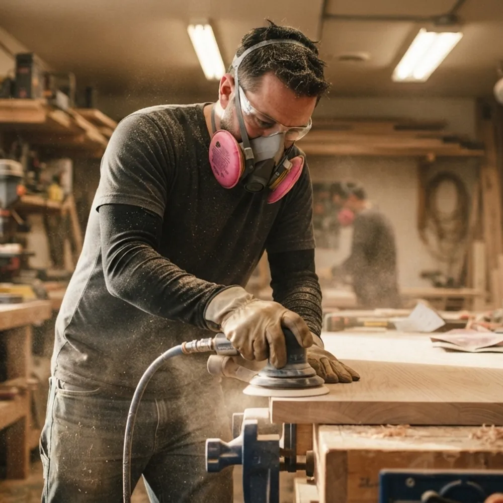 Worker in a twin-filter half-mask respirator and safety glasses sanding a board