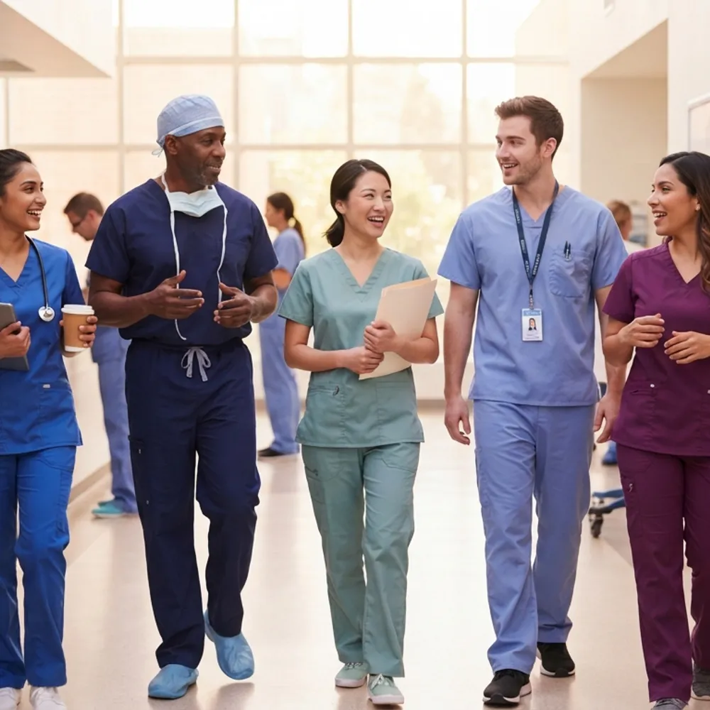 Hospital staff wearing scrubs in five different colours