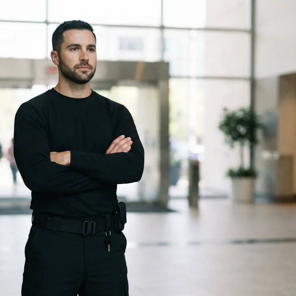 Security guard in black uniform with a duty belt standing in a building lobby