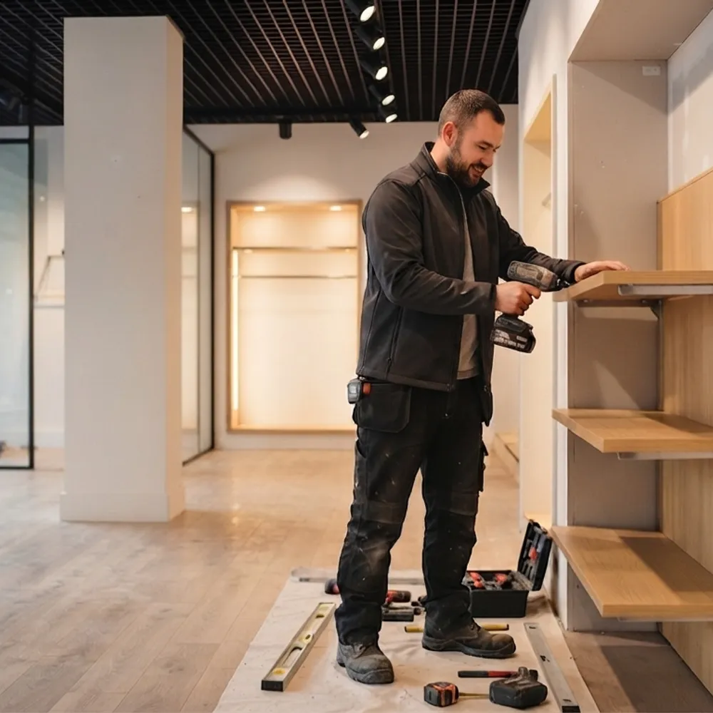 Shopfitter in holster-pocket trousers and knee pads drilling shelving in a retail fit-out