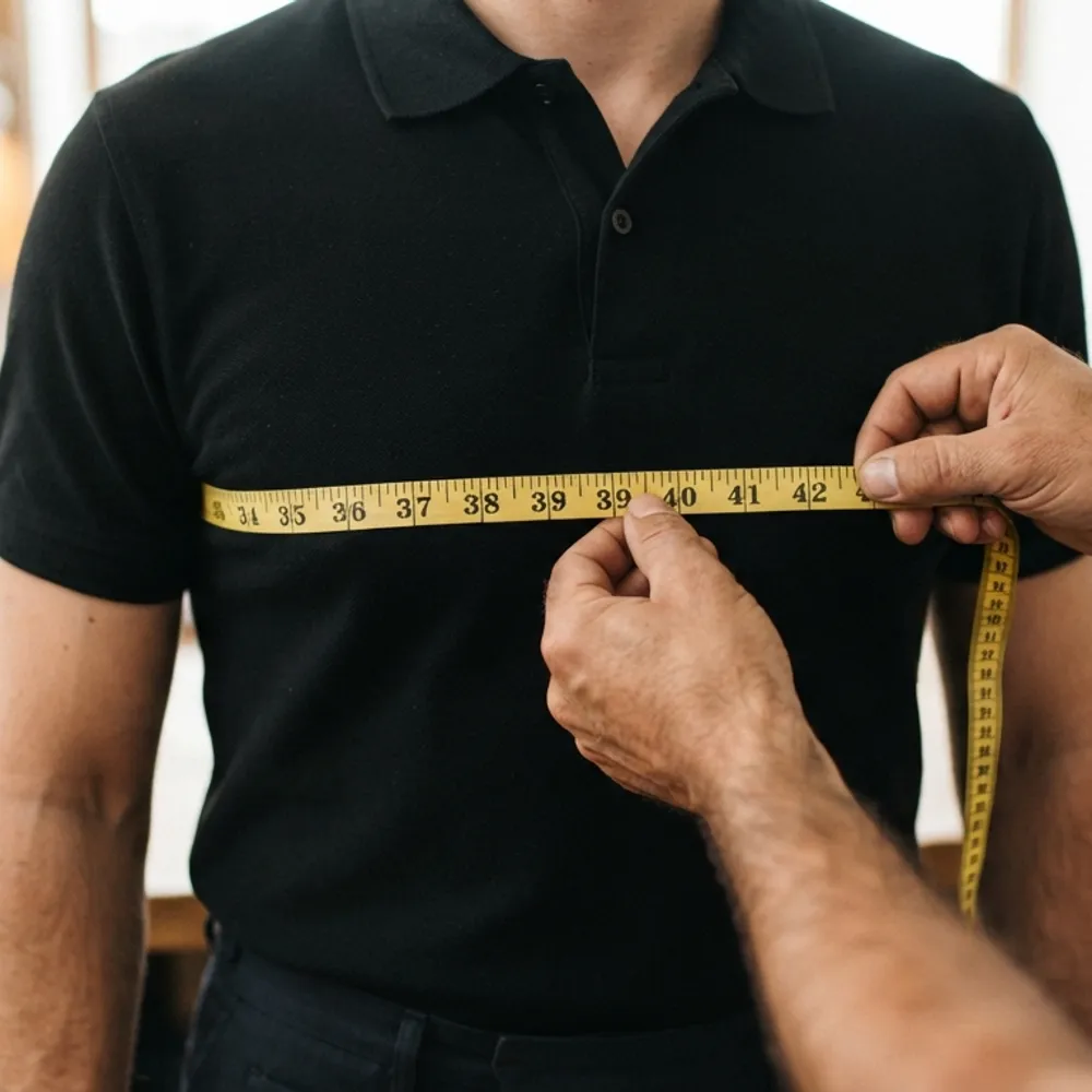 Chest being measured over a polo shirt with a tape measure