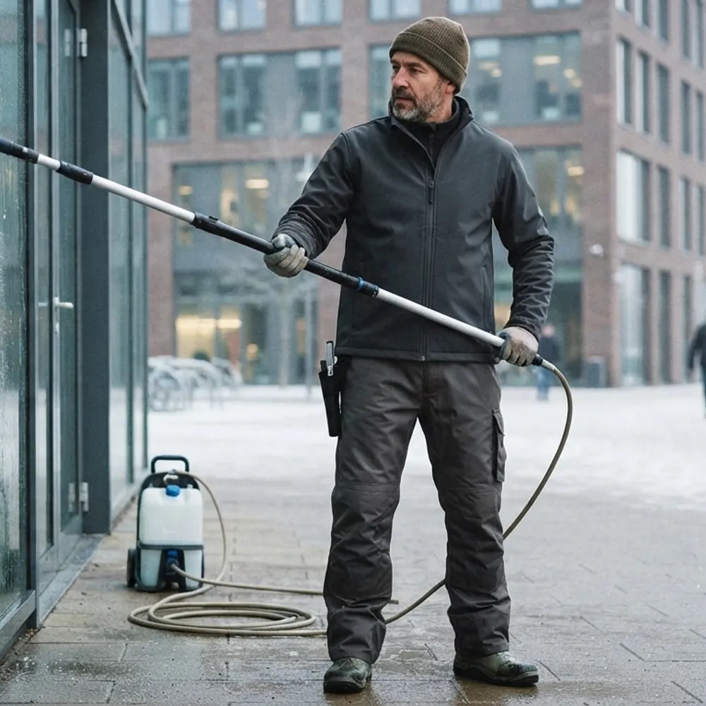 Worker in a softshell jacket using a water-fed pole on a cold day