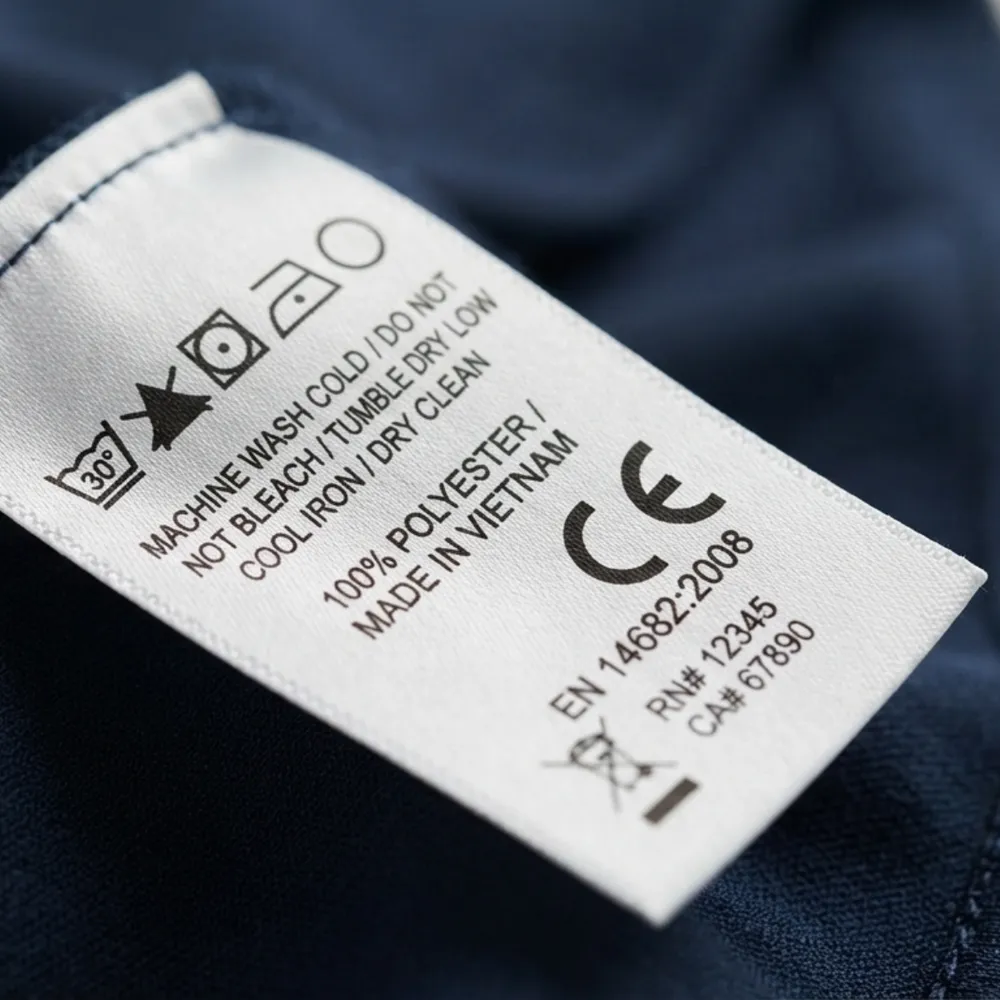 Sewn-in garment label showing care symbols, CE mark and an EN standard number
