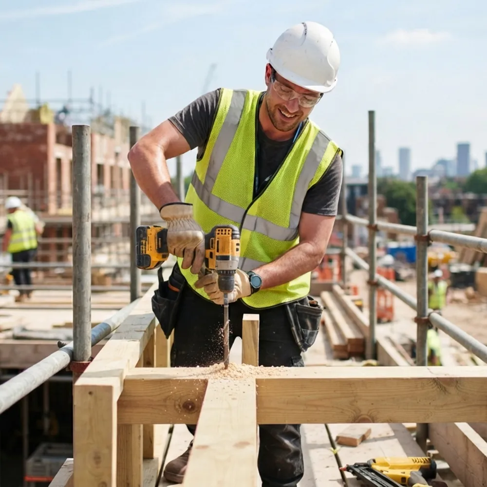 Carpenter in a mesh hi-vis vest drilling timber on a summer site