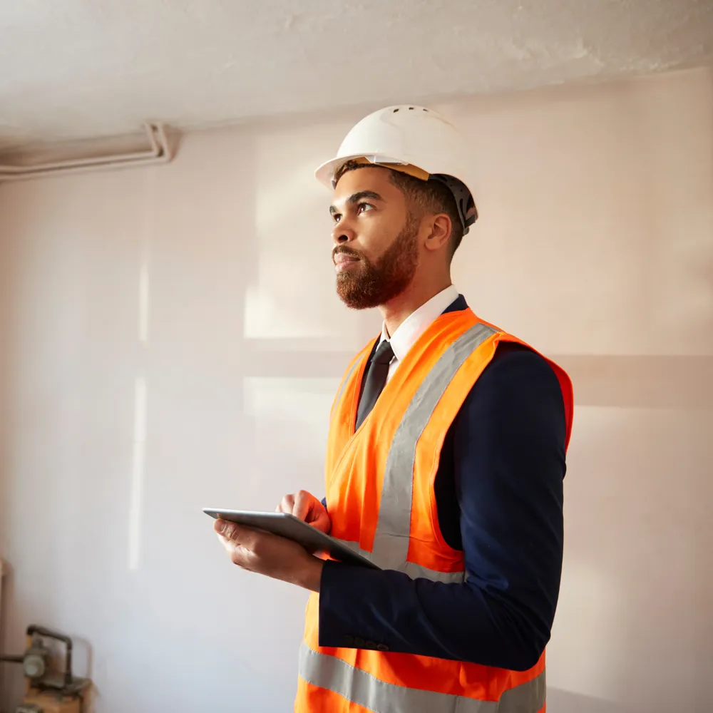 Surveyor in an orange hi-vis vest and white safety helmet inspecting a property with a tablet