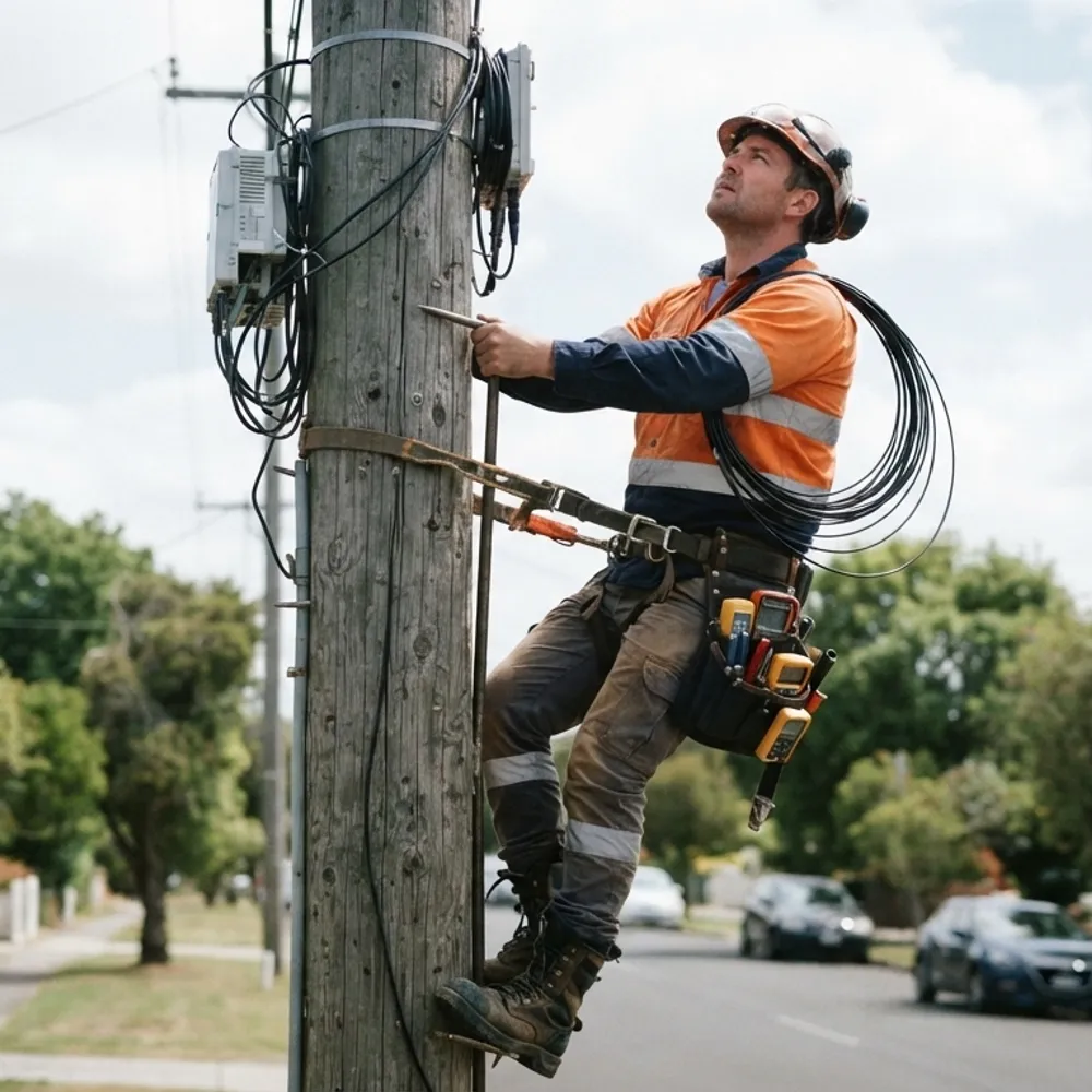 Telecoms engineer in hi-vis climbing a pole with a coil of cable and tool belt