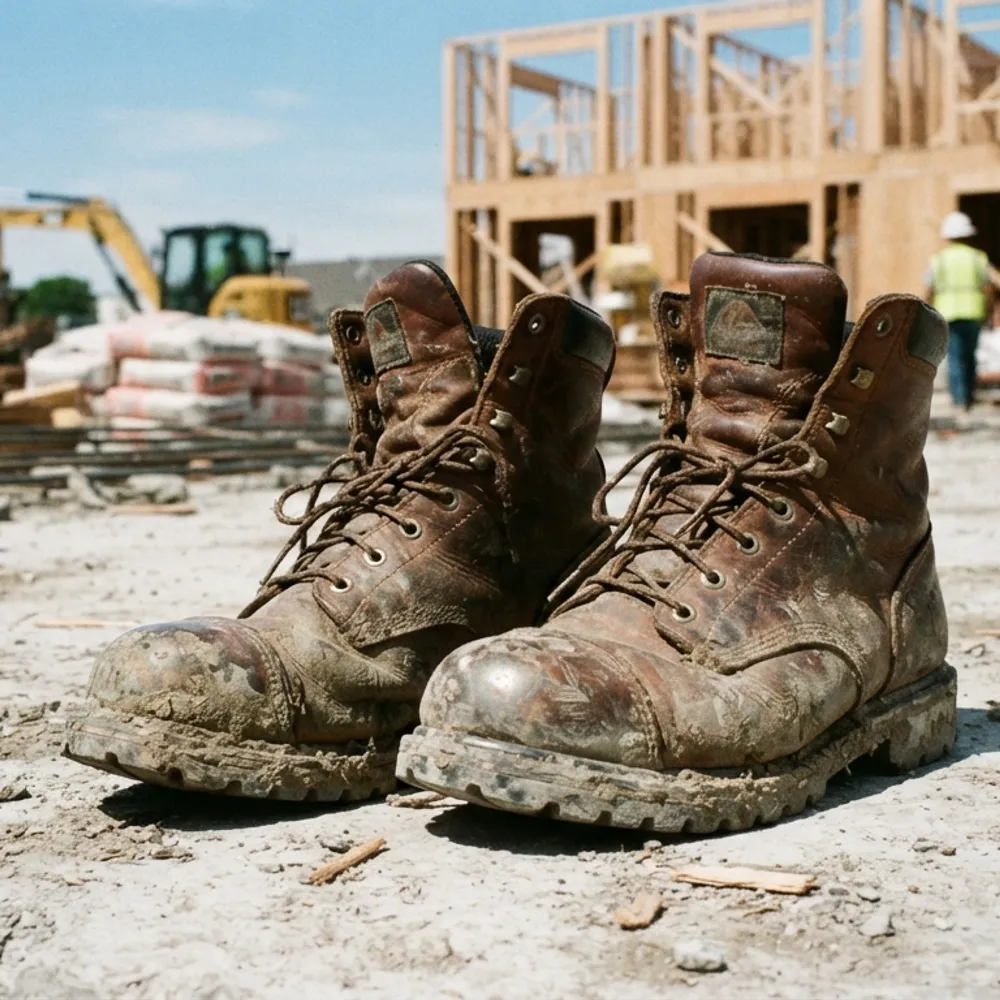 Muddy safety boots with scuffed toe caps on a construction site