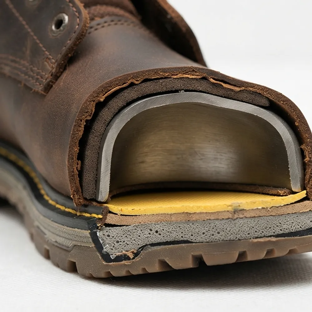 Cross-section of a safety boot showing the steel toe cap and midsole