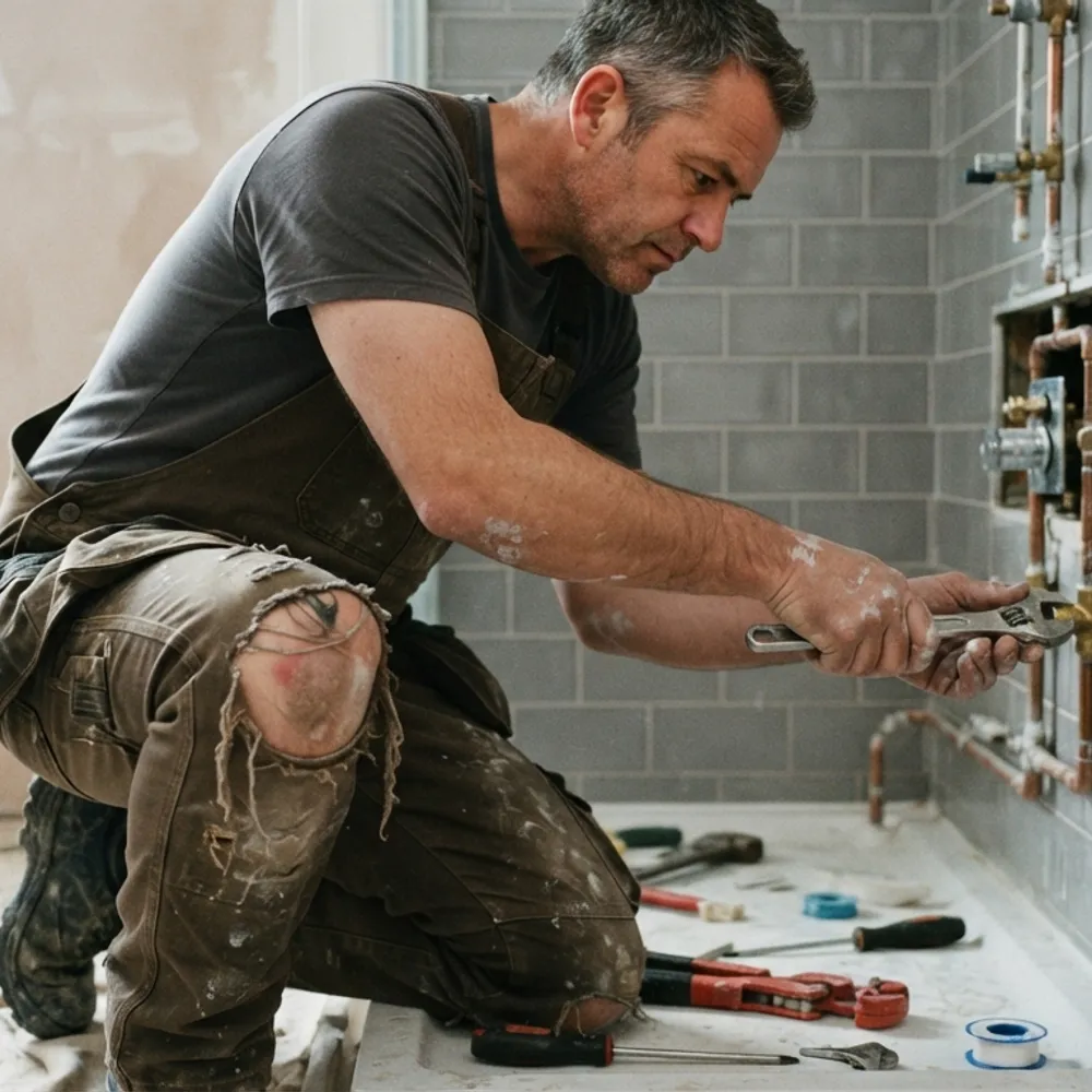 Tradesman working in badly ripped work trousers